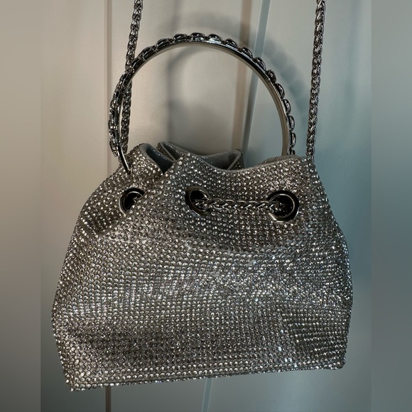 Silver Rhinestone Bucket Bag Holiday Crystal Chain Evening Purse - Picture 5 of 10